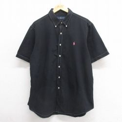 XL★古着 ラルフローレン Ralph Lauren 半袖 ブランド シャツ メンズ ワンポイントロゴ シアサッカー コットン ボタンダウン 黒 ブラック 25jun17 中古 トップス