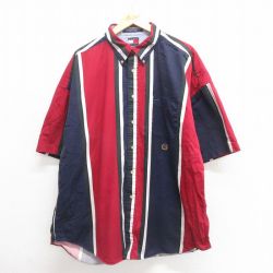 XL★古着 トミーヒルフィガー TOMMY HILFIGER 半袖 ブランド シャツ メンズ 90年代 90s ワンポイントロゴ 大きいサイズ ロング丈 コットン ボタンダウン 赤他 レッド ストライプ 25jun18 中古 トップス