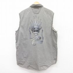 XL★古着 ハーレーダビッドソン Harley Davidson ノースリーブ シャツ メンズ スカル ロング丈 コットン 濃グレー デニム 25jun18 中古 トップス