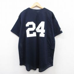 XL★古着 マジェスティック 半袖 ベースボール シャツ メンズ MLB ニューヨークヤンキース 24 メッシュ地 大きいサイズ 紺 ネイビー メジャーリーグ 野球 25jun18 中古 トップス