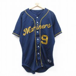 XL★古着 半袖 ベースボール シャツ メンズ 90年代 90s ボストンマリナーズ 9 メッシュ地 ロング丈 USA製 紺 ネイビー 25jun18 中古 トップス