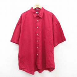 XL★古着 トミーヒルフィガー TOMMY HILFIGER 半袖 ブランド シャツ メンズ 90年代 90s ワンポイントロゴ 大きいサイズ ロング丈 リネン 赤系 レッド 25jun18 中古 トップス