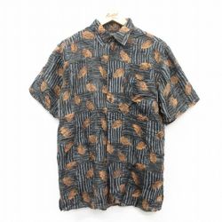 M★古着 半袖 シャツ メンズ 90年代 90s 葉 総柄 シルク 黒他 ブラック 25jun18 中古 トップス