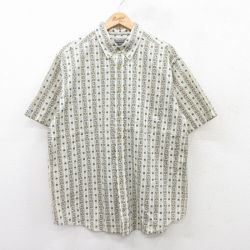 L★古着 半袖 シャツ メンズ 90年代 90s 総柄 ロング丈 コットン ボタンダウン 薄ベージュ他 カーキ 25jun18 中古 トップス