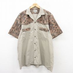 【50%OFF】XL★古着 半袖 シャツ メンズ ゾウ キリン ロング丈 開襟 オープンカラー ベージュ他 カーキ 25jun18 中古 トップス