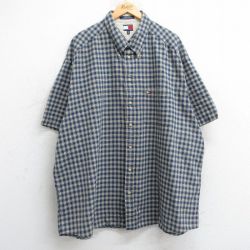 【50%OFF】XL★古着 トミーヒルフィガー TOMMY HILFIGER 半袖 ブランド シャツ メンズ 90年代 90s ワンポイントロゴ 大きいサイズ ロング丈 コットン ボタンダウン 紺他 ネイビー チェック 【spe】 25jun18 中古 トップス