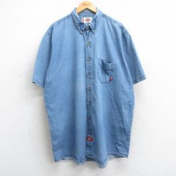 XL★古着 ディッキーズ Dickies 半袖 シャツ メンズ 大きいサイズ ロング丈 コットン ボタンダウン 紺 ネイビー デニム 25jun18 中古 トップス