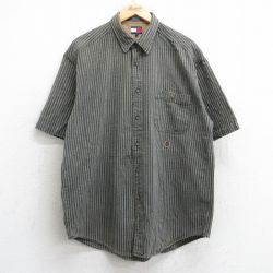XL★古着 トミーヒルフィガー TOMMY HILFIGER 半袖 ブランド シャツ メンズ 90年代 90s ワンポイントロゴ ロング丈 コットン 濃グレー系他 ストライプ 25jun18 中古 トップス