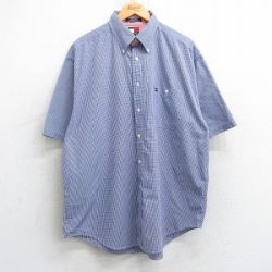 XL★古着 トミーヒルフィガー TOMMY HILFIGER 半袖 ブランド シャツ メンズ 90年代 90s ワンポイントロゴ 大きいサイズ ロング丈 コットン ボタンダウン 紫 パープル ギンガム チェック 25jun18 中古 トップス