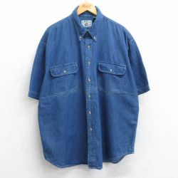 XL★古着 半袖 シャツ メンズ 90年代 90s 大きいサイズ ロング丈 コットン ボタンダウン 紺 ネイビー デニム 25jun19 中古 トップス