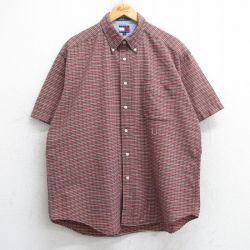 XL★古着 トミーヒルフィガー TOMMY HILFIGER 半袖 ブランド シャツ メンズ 90年代 90s ワンポイントロゴ オックスフォード 大きいサイズ コットン ボタンダウン 赤他 レッド チェック 【spe】 25jun19 中古 トップス