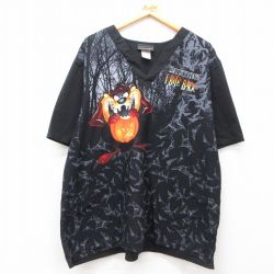 XL★古着 半袖 トップス メンズ ルーニーテューンズ LOONEY TUNES タズ 大きいサイズ Vネック 黒 ブラック 【spe】 25jun21 中古