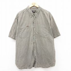 XL★古着 半袖 シャツ メンズ 大きいサイズ ロング丈 コットン ボタンダウン 薄緑他 グリーン チェック 25jun21 中古 トップス