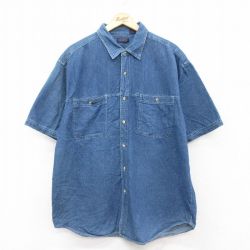 XL★古着 半袖 シャツ メンズ 90年代 90s ロング丈 コットン 紺 ネイビー デニム 25jun21 中古 トップス
