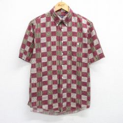 【50%OFF】L★古着 半袖 シャツ メンズ 00年代 00s 総柄 コットン ボタンダウン エンジ他 チェック 25jun23 中古 トップス