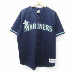 XL★古着 マジェスティック 半袖 ベースボール シャツ メンズ 90年代 90s MLB シアトルマリナーズ メッシュ地 USA製 紺他 ネイビー メジャーリーグ 野球 【spe】 25jun23 中古 トップス