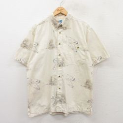 【50%OFF】XL★古着 半袖 シャツ メンズ 90年代 90s 魚 総柄 コットン ボタンダウン 薄ベージュ他 カーキ 【spe】 25jun24 中古 トップス