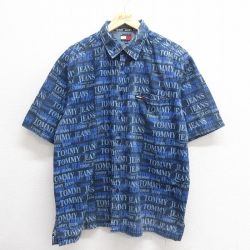 XL★古着 トミーヒルフィガー TOMMY HILFIGER トミージーンズ 半袖 ブランド シャツ メンズ 90年代 90s 総柄 コットン 紺他 ネイビー 【spe】 25jun24 中古 トップス