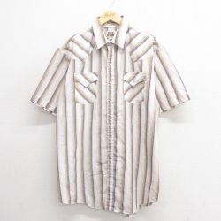 XL★古着 ELY 半袖 ウエスタン シャツ メンズ 90年代 90s 大きいサイズ ロング丈 薄茶他 ブラウン ストライプ 25jun24 中古 トップス