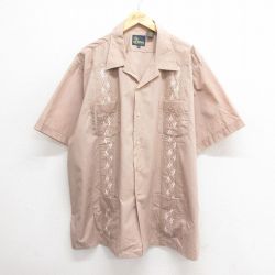 XL★古着 半袖 キューバ シャツ メンズ 刺繍 大きいサイズ ロング丈 開襟 オープンカラー ベージュ カーキ 25jun24 中古 トップス