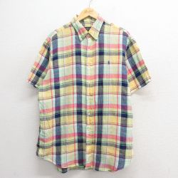 XL★古着 ラルフローレン Ralph Lauren 半袖 ブランド シャツ メンズ ワンポイントロゴ 大きいサイズ リネン ボタンダウン 黄他 イエロー チェック 25jun24 中古 トップス