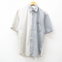 【50%OFF】L★古着 半袖 シャツ メンズ 00年代 00s リネン 紺他 ネイビー ストライプ 25jun25 中古 トップス