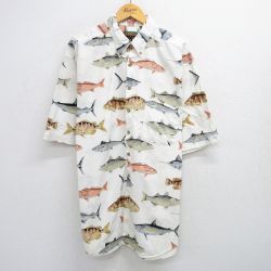 XL★古着 半袖 シャツ メンズ 90年代 90s 魚 総柄 大きいサイズ ロング丈 コットン ボタンダウン 白他 ホワイト 25jun25 中古 トップス