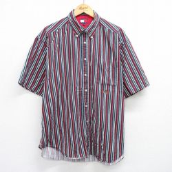 XL★古着 トミーヒルフィガー TOMMY HILFIGER 半袖 ブランド シャツ メンズ 90年代 90s ワンポイントロゴ 大きいサイズ コットン ボタンダウン 紺他 ネイビー ストライプ 【spe】 25jun25 中古 トップス