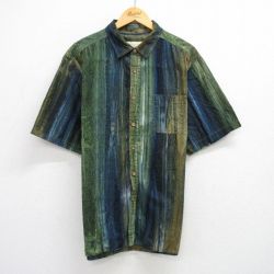 XL★古着 半袖 シャツ メンズ 大きいサイズ コットン 濃緑他 グリーン 25jun25 中古 トップス