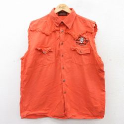 XL★古着 ノースリーブ シャツ メンズ 00年代 00s スカル デイトナビーチ コットン オレンジ デニム 25jun25 中古 トップス