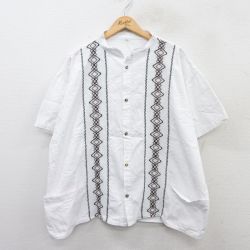 XL★古着 半袖 シャツ メンズ 刺繍 大きいサイズ スタンドカラー 白 ホワイト 25jun25 中古 トップス