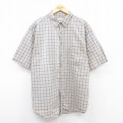XL★古着 半袖 シャツ メンズ 90年代 90s 大きいサイズ リネン ボタンダウン 薄ベージュ他 カーキ チェック 25jun25 中古 トップス