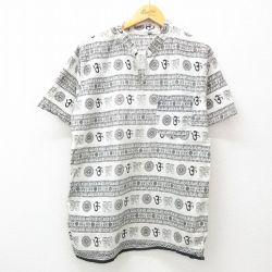 L★古着 半袖 シャツ メンズ 総柄 コットン ノーカラー 白他 ホワイト 25jun26 中古 トップス