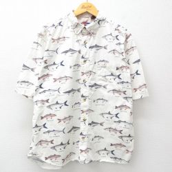 XL★古着 半袖 シャツ メンズ 魚 コットン ボタンダウン 白他 ホワイト 【spe】 25jun26 中古 トップス