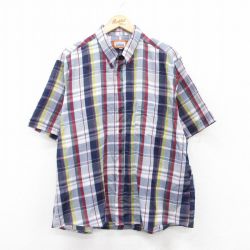 XL★古着 半袖 シャツ メンズ 90年代 90s ボタンダウン 紺他 ネイビー チェック 25jun28 中古 トップス