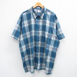XL★古着 半袖 シャツ メンズ 90年代 90s 大きいサイズ ロング丈 薄紺他 ネイビー チェック 25jun28 中古 トップス