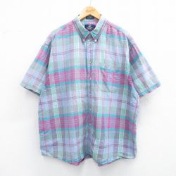 XL★古着 バンヒューセン 半袖 シャツ メンズ 90年代 90s 大きいサイズ コットン ボタンダウン 薄青緑系他 チェック 25jun28 中古 トップス