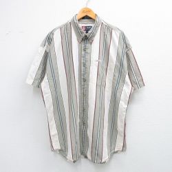 【20%OFF】XL★古着 ラルフローレン Ralph Lauren チャップス 半袖 ブランド シャツ メンズ 大きいサイズ ロング丈 コットン ボタンダウン ベージュ系他 カーキ ストライプ 25jun28 中古 トップス