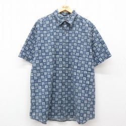 【20%OFF】XL★古着 半袖 シャツ メンズ 90年代 90s 総柄 大きいサイズ ロング丈 コットン 紺他 ネイビー 25jun28 中古 トップス