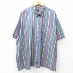 XL★古着 半袖 シャツ メンズ 90年代 90s 大きいサイズ ロング丈 ボタンダウン 薄紺他 ネイビー ストライプ 25jun30 中古 トップス