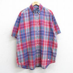 XL★古着 ラルフローレン Ralph Lauren 半袖 ブランド シャツ メンズ 90年代 90s ワンポイントロゴ BLAKE 大きいサイズ ロング丈 コットン ボタンダウン 赤他 レッド チェック 25jul02 中古 トップス