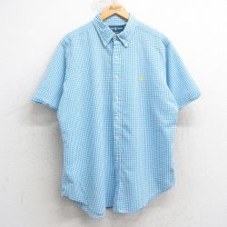 XL★古着 ラルフローレン Ralph Lauren 半袖 ブランド シャツ メンズ 90年代 90s ワンポイントロゴ シアサッカー コットン ボタンダウン 水色他 ギンガム チェック 25jul02 中古 トップス