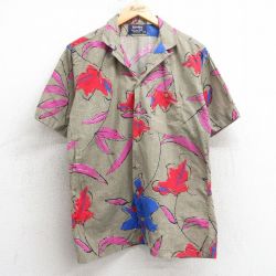 M★古着 半袖 シャツ メンズ 90年代 90s 花 総柄 コットン 開襟 オープンカラー USA製 ベージュ系他 カーキ 25jul02 中古 トップス