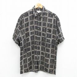 L★古着 ピエールカルダン pierre cardin 半袖 ブランド シャツ メンズ 90年代 90s 総柄 レーヨン 黒他 ブラック 25jul02 中古 トップス