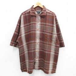 【20%OFF】XL★古着 半袖 シャツ メンズ 00年代 00s 大きいサイズ リネン 開襟 オープンカラー 茶他 ブラウン チェック 25jul02 中古 トップス