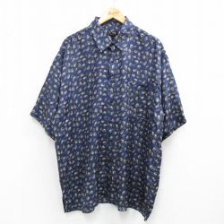 XL★古着 半袖 シャツ メンズ 総柄 大きいサイズ シルク 紺他 ネイビー 25jul02 中古 トップス