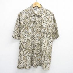 XL★古着 半袖 シャツ メンズ 葉 総柄 大きいサイズ コットン ベージュ他 カーキ 25jul02 中古 トップス