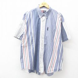 XL★古着 ラルフローレン Ralph Lauren チャップス 半袖 ブランド シャツ メンズ 90年代 90s 大きいサイズ コットン ボタンダウン 薄紺他 ネイビー ストライプ 【spe】 25jul02 中古 トップス