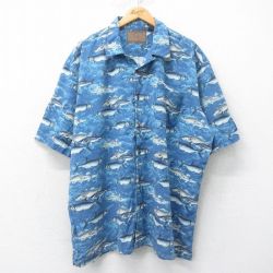 XL★古着 半袖 シャツ メンズ 魚 大きいサイズ 開襟 オープンカラー 紺他 ネイビー 25jul04 中古 トップス