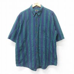 【20%OFF】XL★古着 半袖 シャツ メンズ 00年代 00s シアサッカー コットン ボタンダウン 濃紺他 ネイビー ストライプ 【spe】 25jul04 中古 トップス
